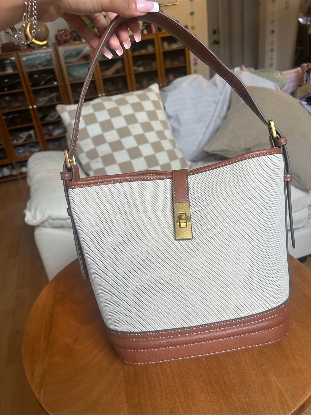 Canvas and Brown Leather Bucket Bag with Gold Hardware